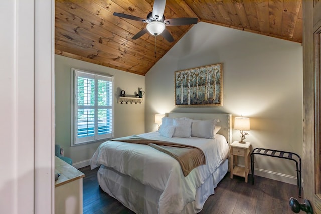 bedroom featuring vaulted ceiling, dark wood-style flooring, wooden ceiling, and baseboards