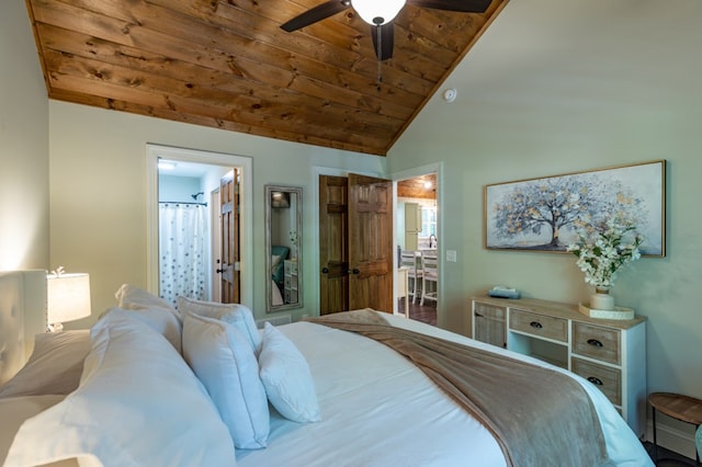 bedroom featuring lofted ceiling, wooden ceiling, ceiling fan, and ensuite bathroom