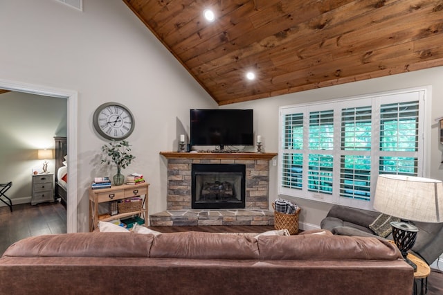 living area with high vaulted ceiling, a fireplace, wood finished floors, wood ceiling, and baseboards