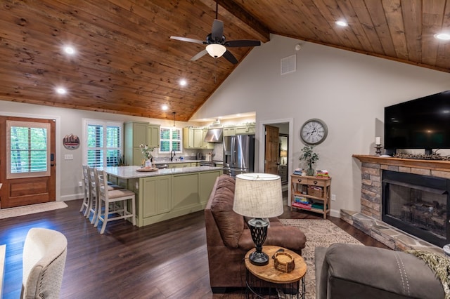 living area featuring dark wood-style floors, wood ceiling, and visible vents