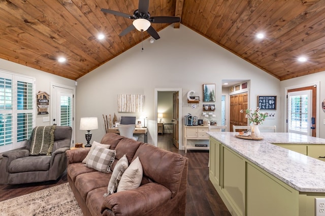 living room with high vaulted ceiling, recessed lighting, wood ceiling, and dark wood finished floors