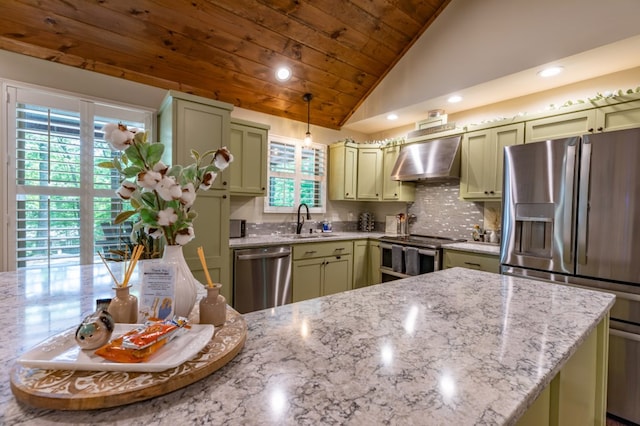 kitchen with wood ceiling, wall chimney exhaust hood, stainless steel appliances, green cabinets, and a sink