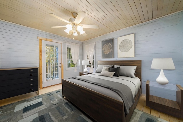 bedroom featuring ceiling fan, access to exterior, wood ceiling, and wooden walls