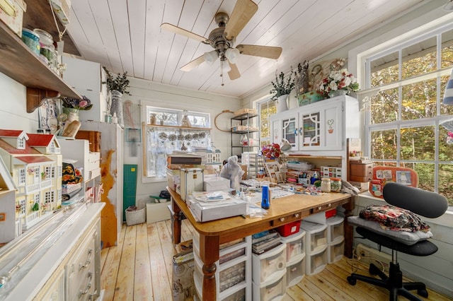 office space featuring light wood-type flooring, a wealth of natural light, ceiling fan, and wood ceiling