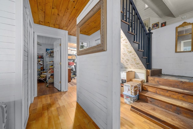 hallway with wood ceiling and light hardwood / wood-style floors