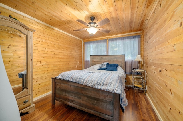 bedroom with wood-type flooring, wooden walls, ceiling fan, and wooden ceiling