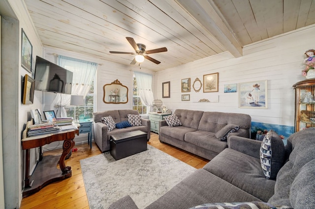 living room with wood walls, wood ceiling, beamed ceiling, ceiling fan, and light hardwood / wood-style flooring