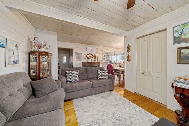 living room featuring light hardwood / wood-style floors and wood ceiling