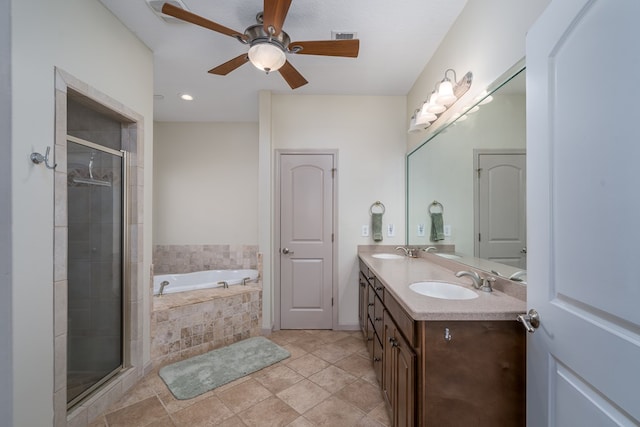 bathroom featuring tile patterned flooring, vanity, separate shower and tub, and ceiling fan