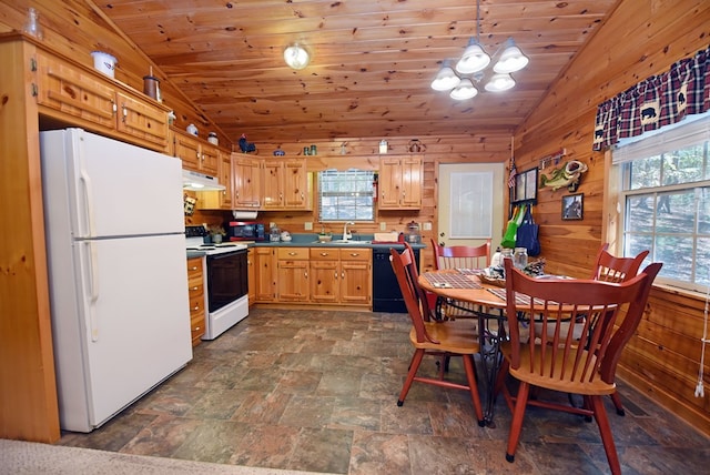 kitchen with wooden ceiling, vaulted ceiling, wood walls, sink, and white appliances