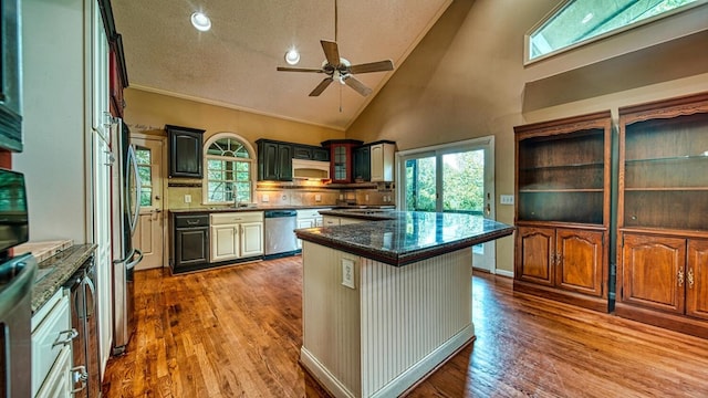 kitchen featuring a kitchen island, appliances with stainless steel finishes, extractor fan, and wood finished floors