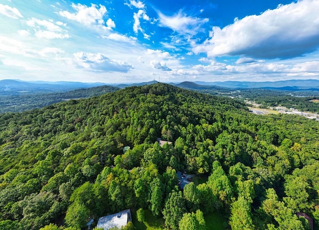 bird's eye view featuring a mountain view and a wooded view