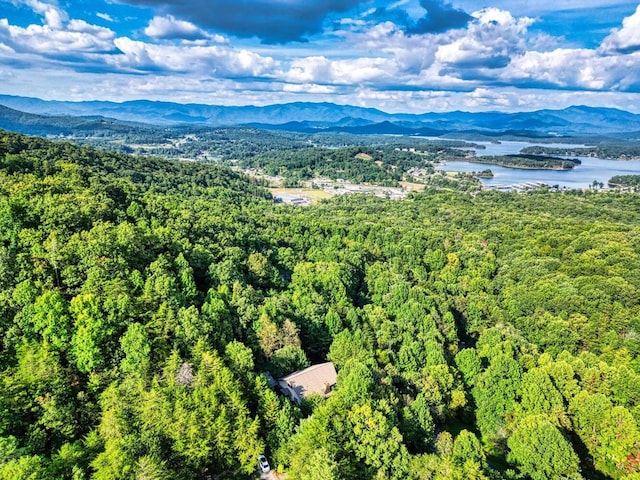 aerial view featuring a forest view and a water and mountain view