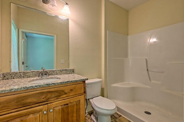 bathroom featuring a shower, vanity, and toilet