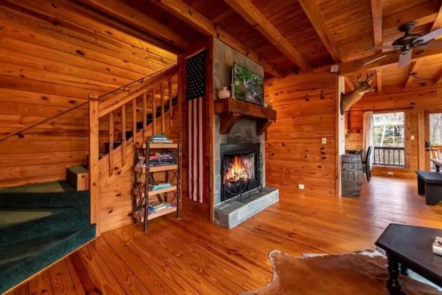 living room featuring light hardwood / wood-style floors, wood ceiling, and wooden walls