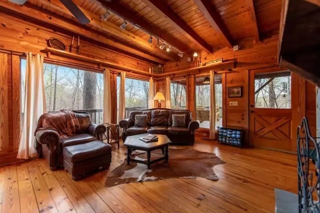 interior space with beam ceiling, wooden ceiling, track lighting, and plenty of natural light