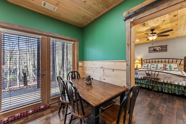 dining room featuring wooden ceiling, wood finished floors, and a ceiling fan