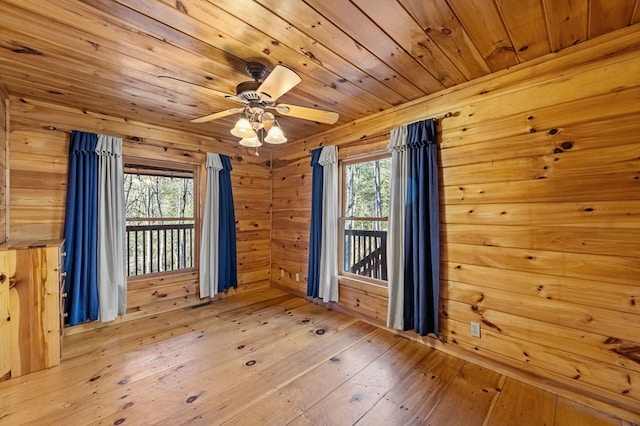 spare room with light wood finished floors, plenty of natural light, wooden ceiling, and wooden walls