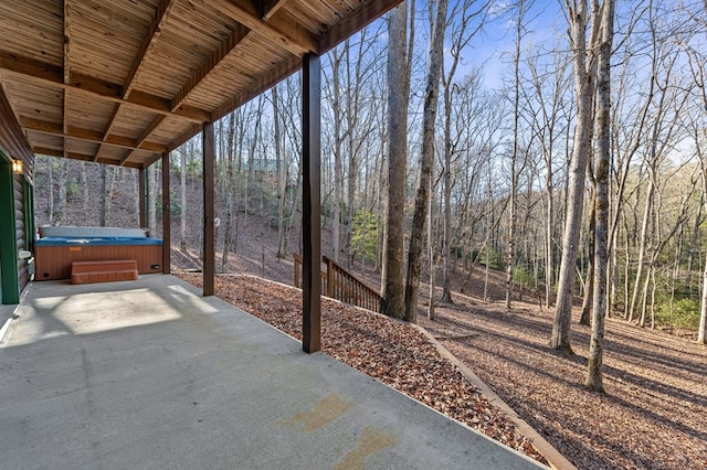 view of patio / terrace featuring a hot tub