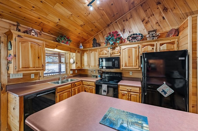 kitchen featuring lofted ceiling, light countertops, wood ceiling, a sink, and black appliances