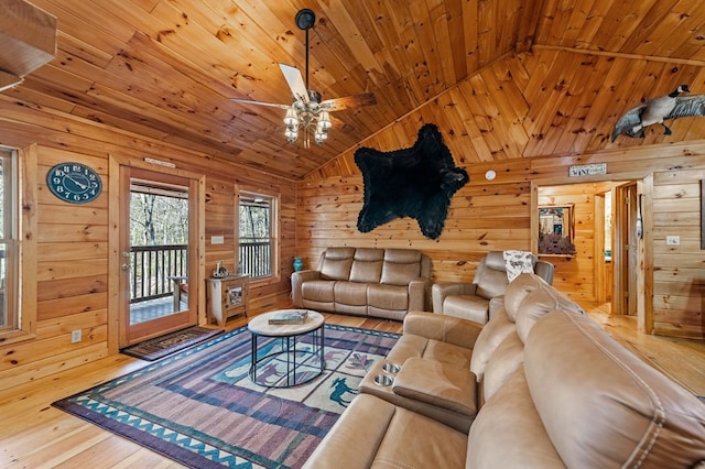 living room with lofted ceiling, wood finished floors, wood ceiling, and wooden walls