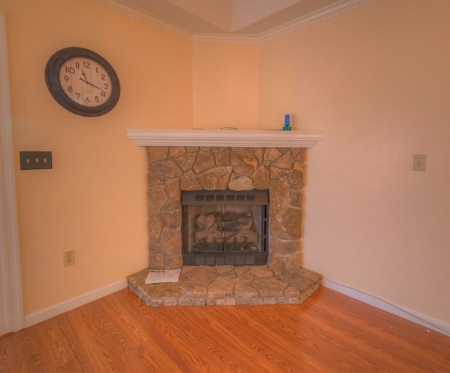 467 Greenlawn Cemetary Rd, Murphy, NC 28906 - detailed view of wood finished floors, ornamental molding, a stone fireplace, and baseboards