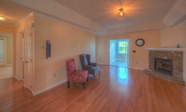467 Greenlawn Cemetary Rd, Murphy, NC 28906 - living area with a stone fireplace, wood finished floors, crown molding, baseboards, and a raised ceiling
