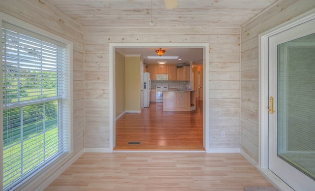 467 Greenlawn Cemetary Rd, Murphy, NC 28906 - corridor featuring light wood-type flooring, wood walls, healthy amount of natural light, and baseboards