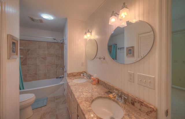 467 Greenlawn Cemetary Rd, Murphy, NC 28906 - bathroom featuring toilet, double vanity, shower / bath combo with shower curtain, and tile patterned floors