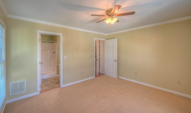 467 Greenlawn Cemetary Rd, Murphy, NC 28906 - unfurnished bedroom with light carpet, ornamental molding, baseboards, ensuite bath, and a ceiling fan