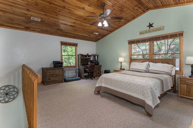carpeted bedroom featuring an office area, wood ceiling, high vaulted ceiling, and a ceiling fan