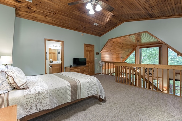 carpeted bedroom with vaulted ceiling, wood ceiling, and a ceiling fan