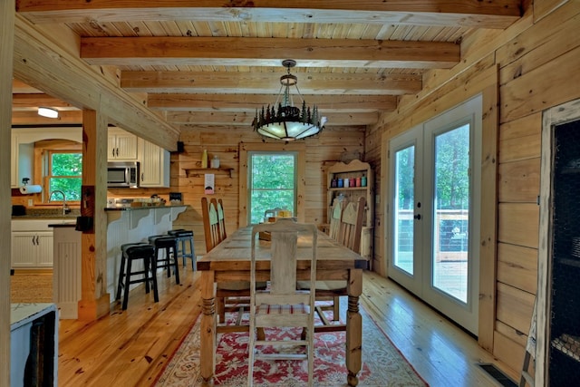 18 Mallard Ln, Morganton, GA 30560 - dining space with light wood-style floors, healthy amount of natural light, wood walls, and wooden ceiling with exposed beams