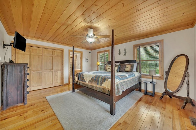 bedroom featuring ceiling fan, crown molding, light wood-type flooring, and wood ceiling