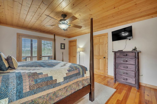 bedroom featuring wooden ceiling, ceiling fan, light hardwood / wood-style flooring, and french doors