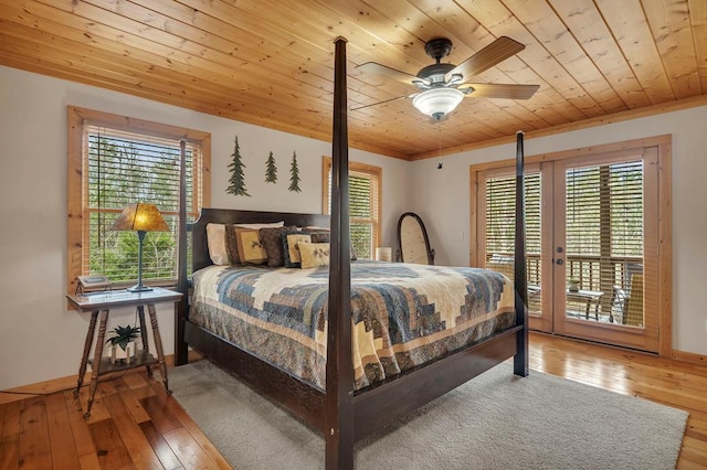 bedroom with wood ceiling, multiple windows, and light wood-type flooring