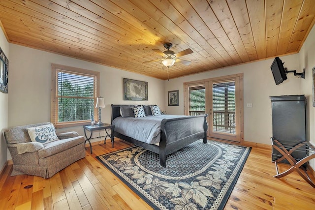 bedroom featuring light hardwood / wood-style flooring and wood ceiling