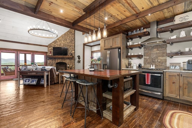 kitchen featuring open shelves, plenty of natural light, dark wood-style floors, appliances with stainless steel finishes, and wall chimney range hood