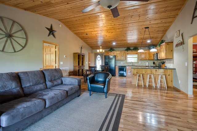 living room with wooden ceiling, ceiling fan, vaulted ceiling, and light wood-type flooring