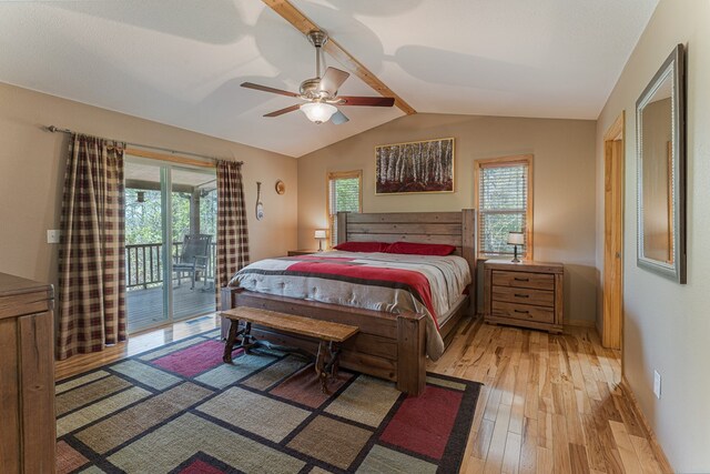 bedroom featuring access to outside, light wood-style flooring, a ceiling fan, baseboards, and lofted ceiling
