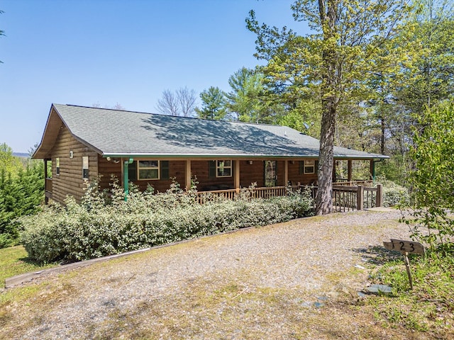 view of front facade with roof with shingles and covered porch
