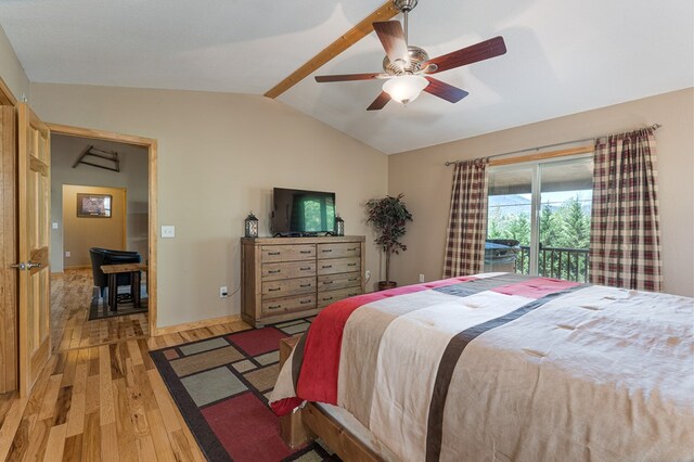 bedroom with a ceiling fan, vaulted ceiling, access to outside, and light wood-type flooring