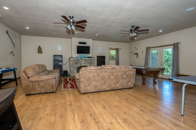 living area with recessed lighting, ceiling fan, pool table, and wood finished floors