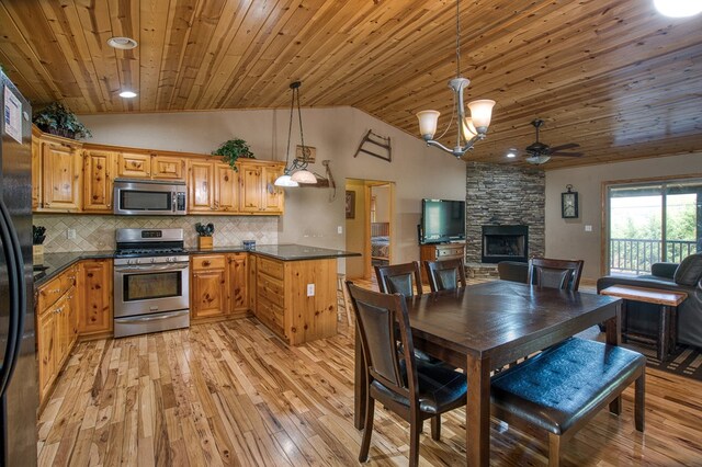 dining space with ceiling fan, wood ceiling, lofted ceiling, and light wood-style floors