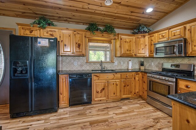 kitchen with wood ceiling, decorative backsplash, light wood-type flooring, a sink, and black appliances