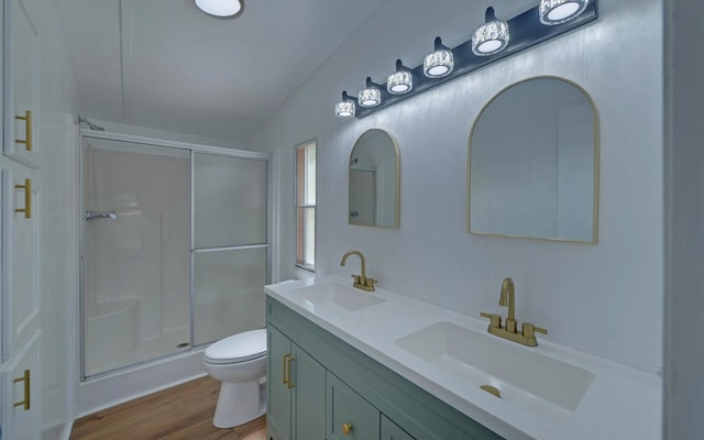 bathroom featuring a sink, a stall shower, and toilet