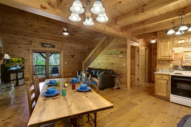 dining room with light wood-style floors, wood ceiling, wooden walls, and a notable chandelier