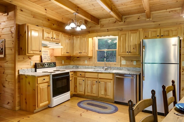 kitchen with light brown cabinetry, beamed ceiling, stainless steel appliances, and under cabinet range hood