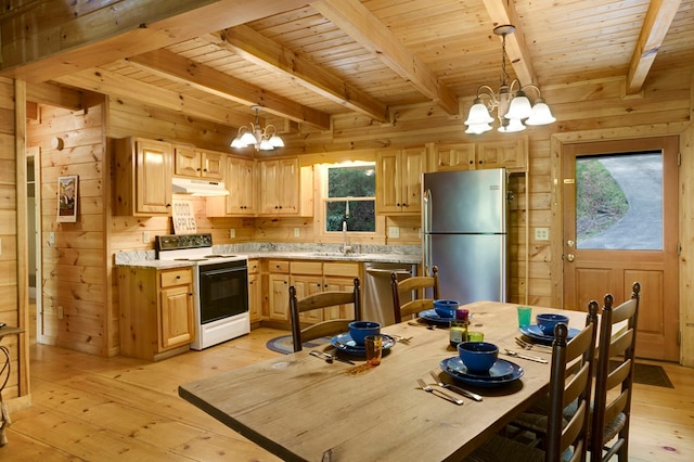 kitchen featuring an inviting chandelier, stainless steel appliances, wooden walls, and a sink