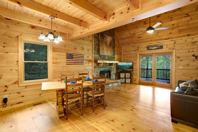 dining area with wood-type flooring, a fireplace, wooden walls, wooden ceiling, and ceiling fan with notable chandelier